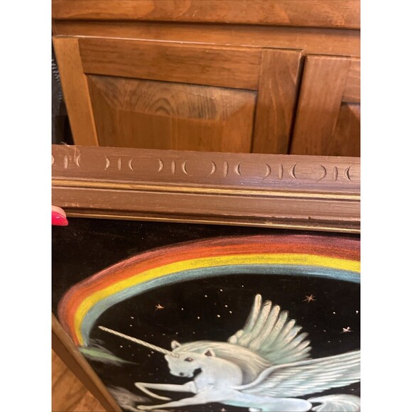 Fantasy unicorn Rainbow Velvet Painting 21 x27" Wood Frame Pegasus Signed - Picture 13 of 16